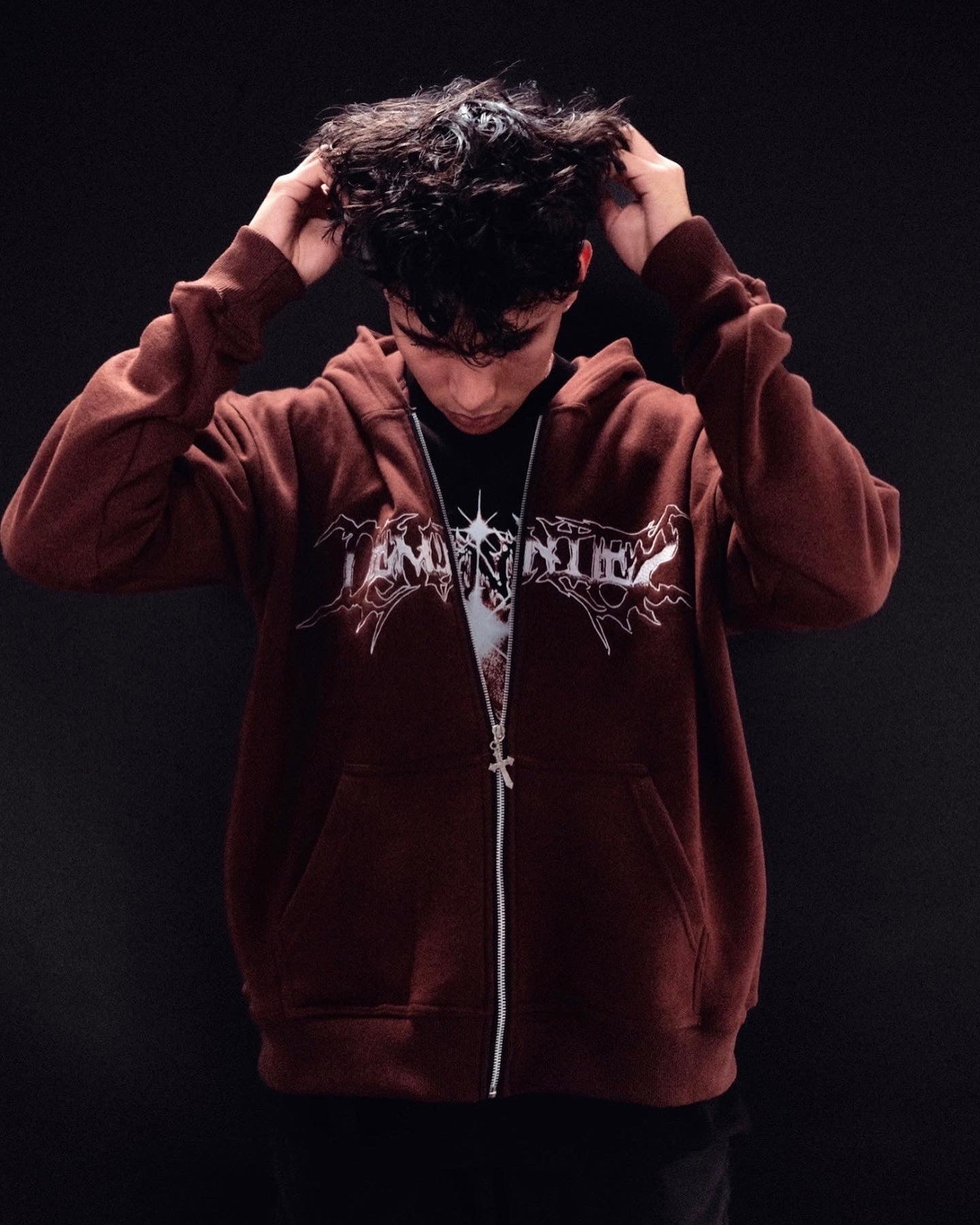 DEMONITES EMBROIDERED BROWN ZIP UP