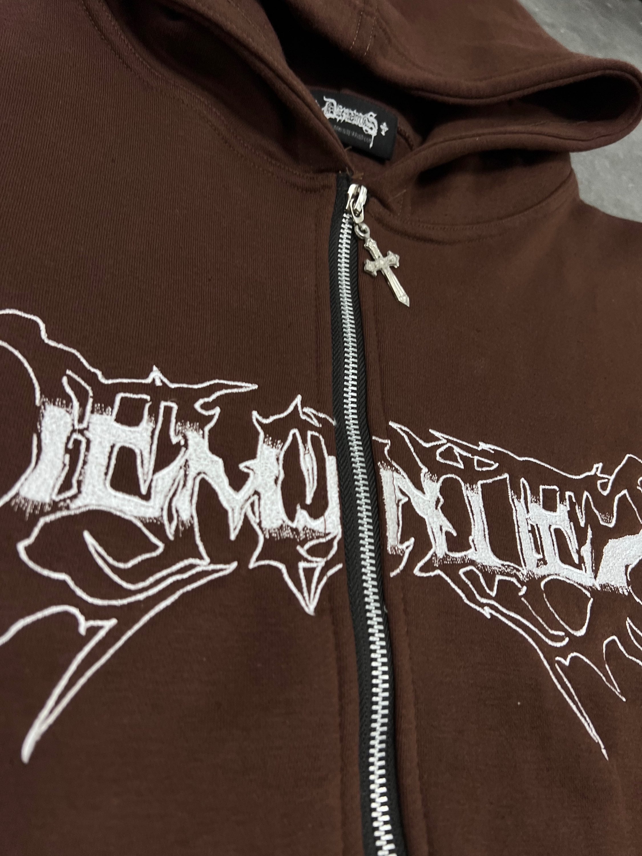 DEMONITES EMBROIDERED BROWN ZIP UP image 1